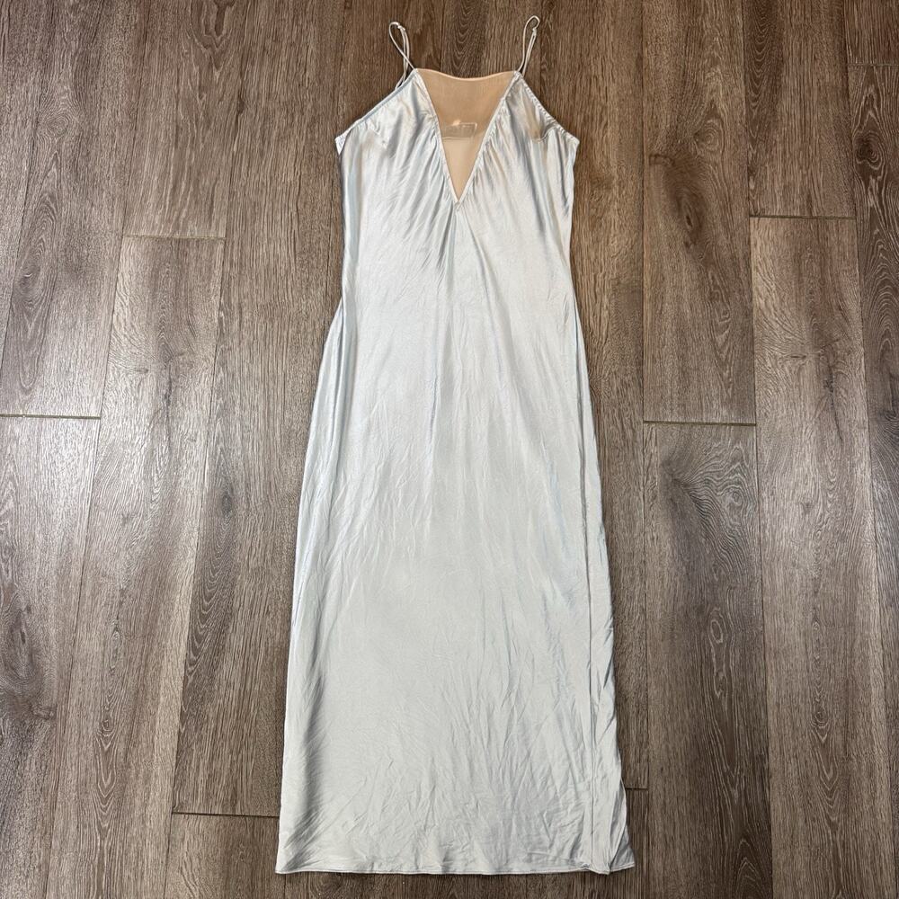 Fleur du Mal 100% Silk Maxi Slip Dress M Silver Sheer Mesh Lingerie